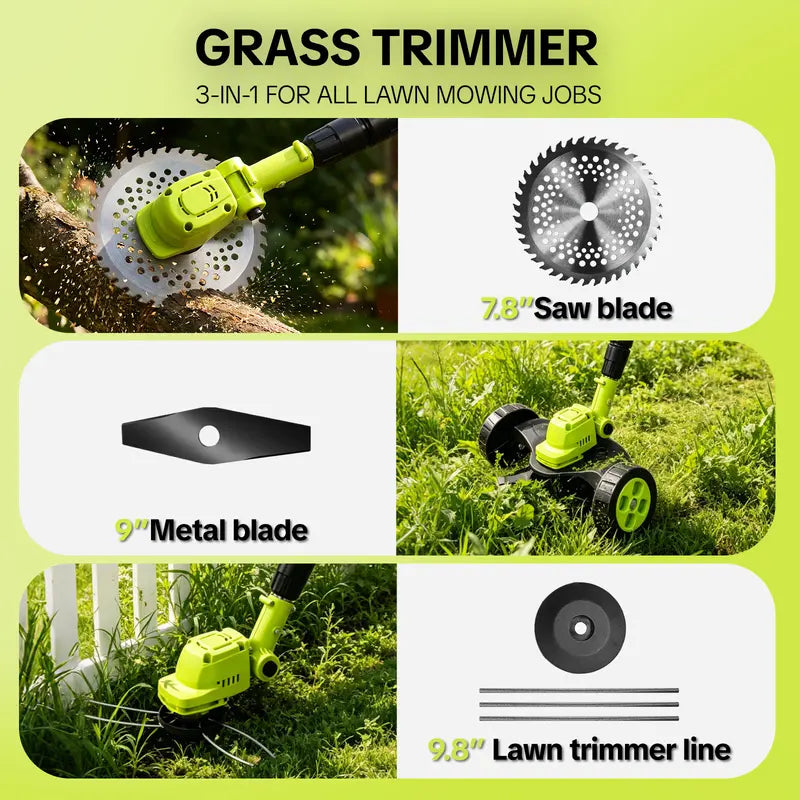 SEESE Cordless Electric Weed Wacker with 2 Batteries, 3-in-1 Grass Trimmer, Brush Cutter & Lawn Edger, Adjustable Telescopic Handle