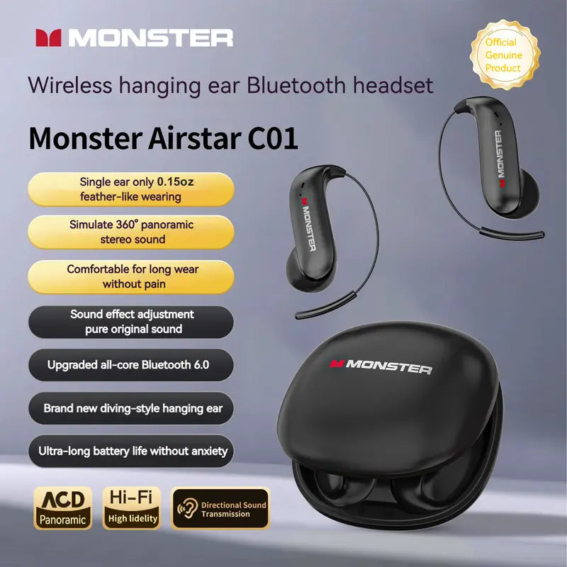 Monster Airstar C01 Wireless Bluetooth Headset, Ultra-Light Hanging Earphones with Hi-Fi Stereo Sound, Bluetooth 6.0, Long Battery Life for Music & Calls