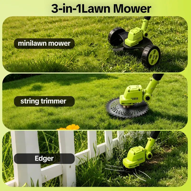 SEESE Cordless Electric Weed Wacker with 2 Batteries, 3-in-1 Grass Trimmer, Brush Cutter & Lawn Edger, Adjustable Telescopic Handle