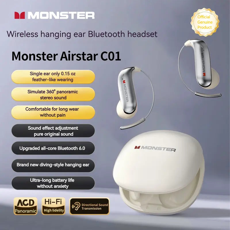 Monster Airstar C01 Wireless Bluetooth Headset, Ultra-Light Hanging Earphones with Hi-Fi Stereo Sound, Bluetooth 6.0, Long Battery Life for Music & Calls